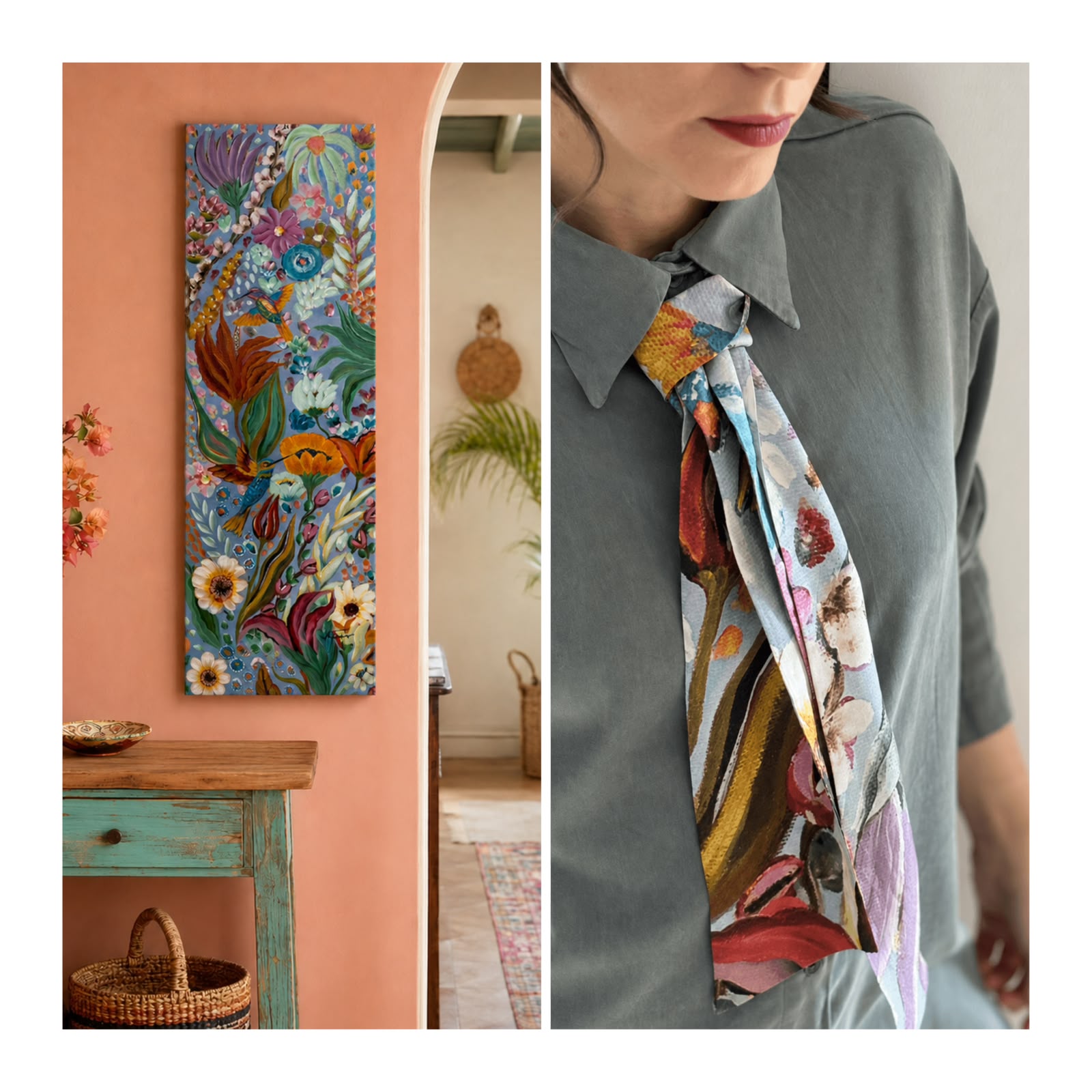 A split-screen lifestyle presentation showing a colorful floral and abstract botanical print. The left panel shows the print hanging on a peach-colored wall above a rustic turquoise table.