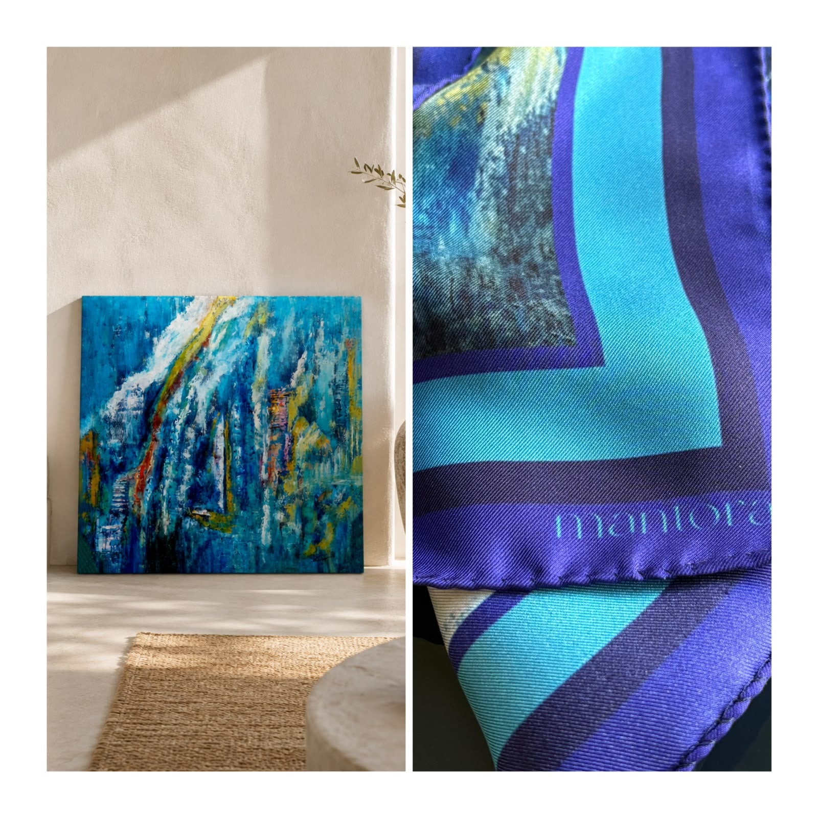 A split-view product presentation showing an abstract blue painting on the left and a close-up of a blue and turquoise patterned scarf with the word 'mantor' on the right. The left side includes a beige wall, sunlight, and a woven rug, while the right side shows the scarf folds and printed branding.
