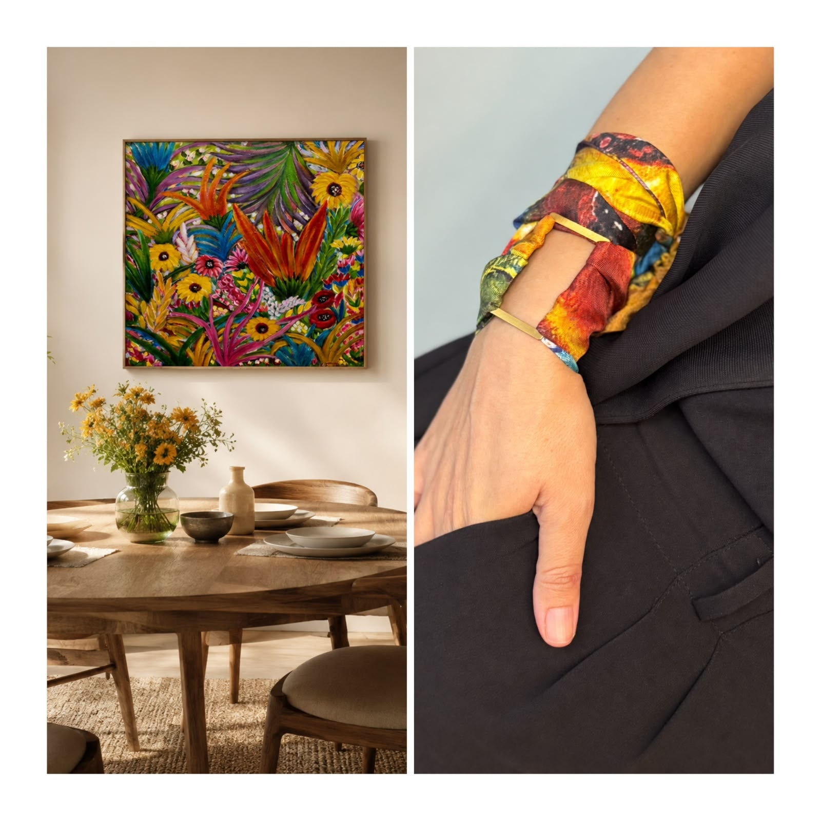 A split-screen lifestyle presentation featuring a colorful tropical floral and bird print. The left panel shows the square canvas art hanging on a beige wall above a wooden dining table with a vase of yellow flowers.