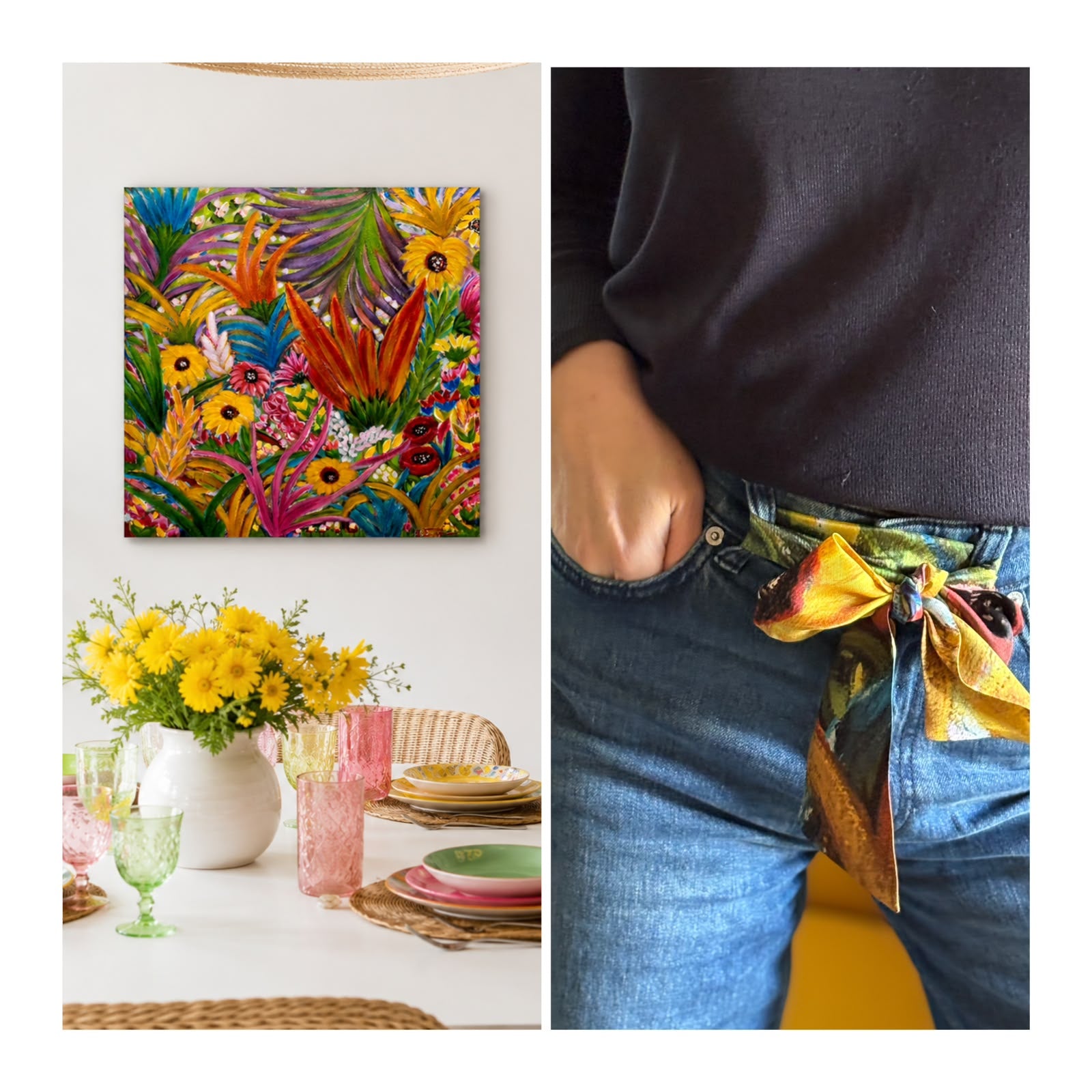 A split-screen lifestyle presentation featuring a vibrant tropical floral wall art print on the left, styled above a table with yellow flowers, and the same print tied around a person's waist as a sash over blue jeans on the right.