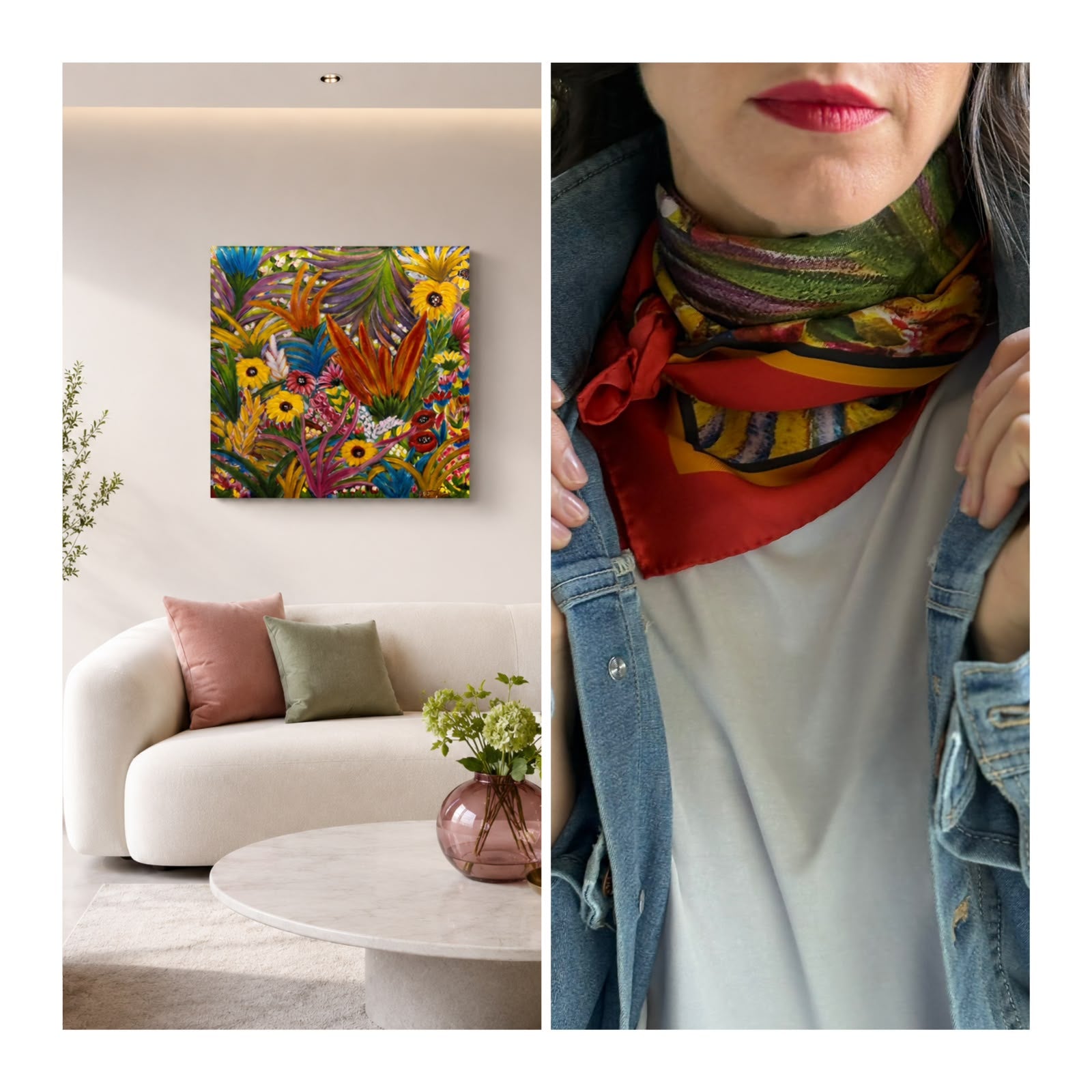 A split-screen lifestyle presentation. The left side shows a colorful floral and tropical print canvas wall art hanging in a modern living room setting.