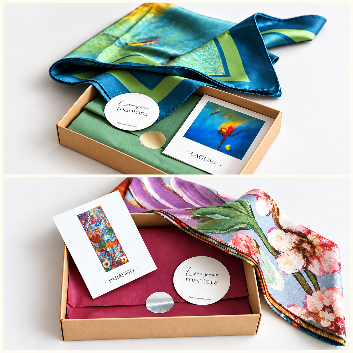 Two silk scarves with colorful floral and landscape prints are displayed in a two-tiered presentation. The top scarf features a green and blue mountain landscape, and the bottom scarf features purple and pink wildflowers.
