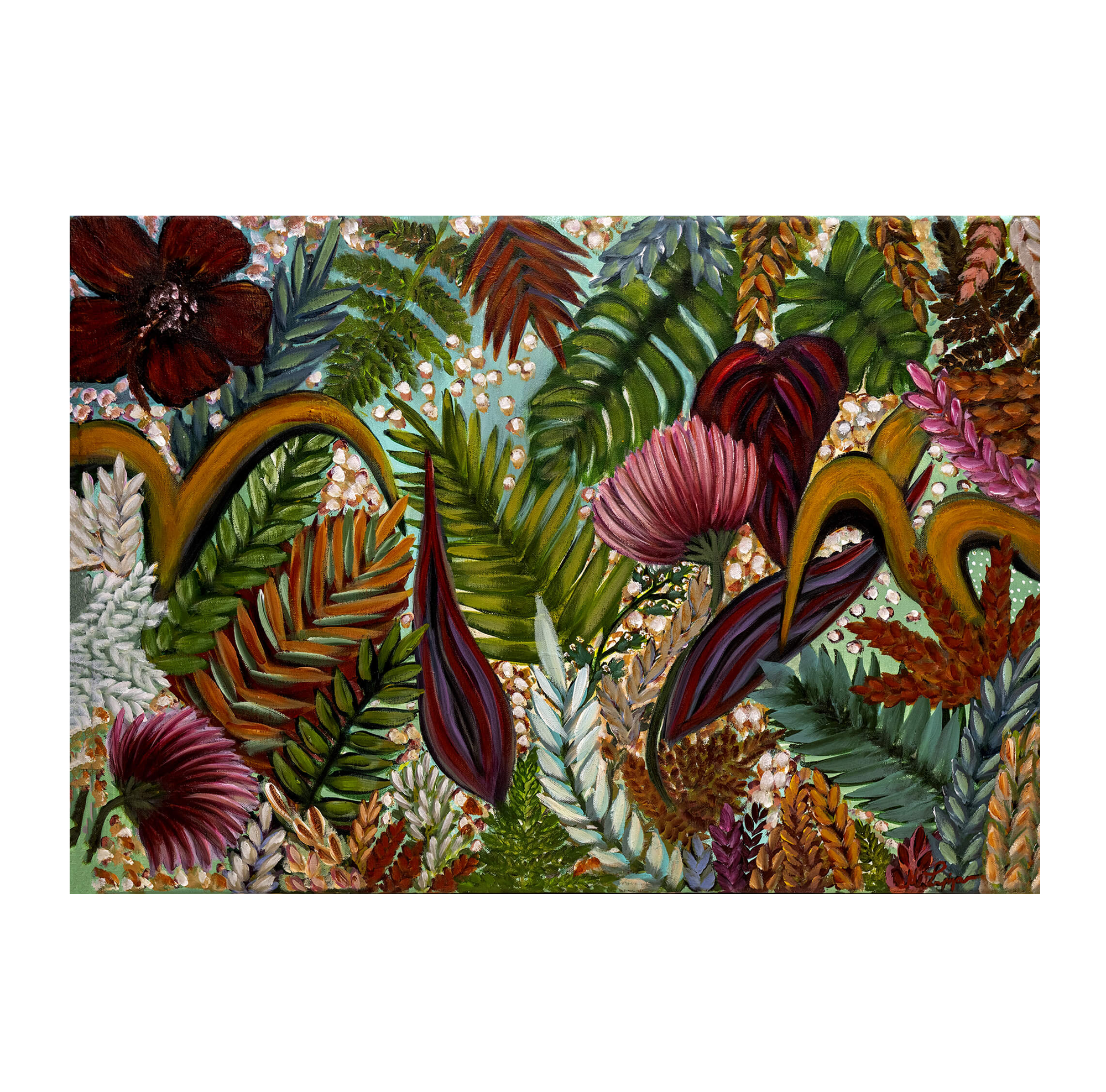 A rectangular art print featuring a dense tropical botanical pattern with green, burgundy, pink, orange, and white foliage, shown against a plain white background.